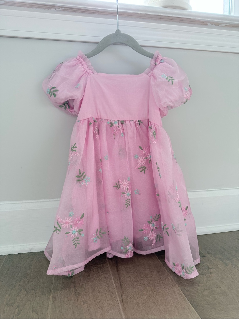 Pink Puff-Sleeve Floral Party Dress for Girls